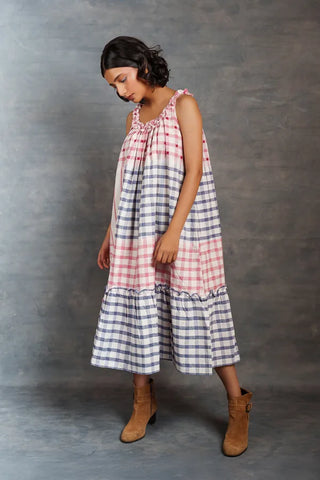 Pastel checks- Relax Frill neck sleeveless mirror work dress