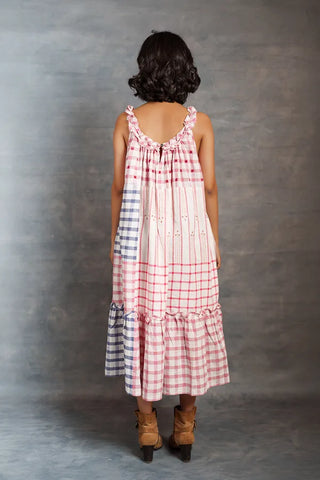 Pastel checks- Relax Frill neck sleeveless mirror work dress
