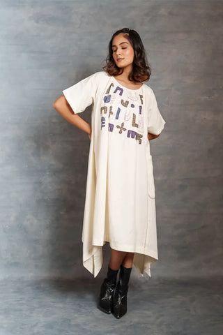 Eco angles dress- Playful applique with short sleeve asymmetrical style
