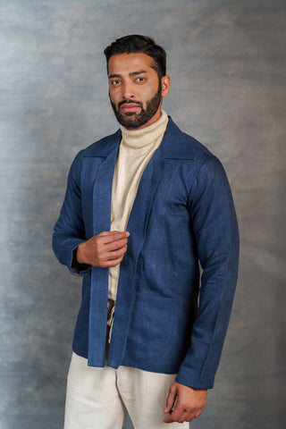 Men’s Deep Blue Khadi Casual Jacket – Handwoven Organic Fabric | THREAD GAME