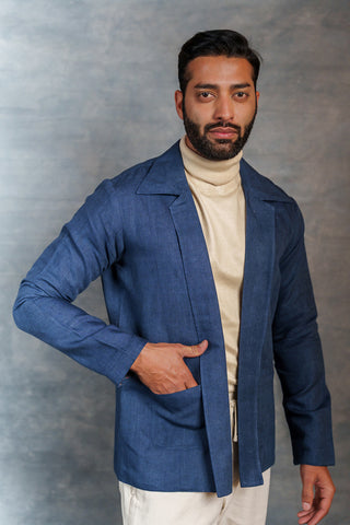 Men’s Deep Blue Khadi Casual Jacket – Handwoven Organic Fabric | THREAD GAME