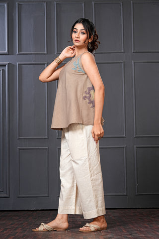 Beach Brown Organic Handwoven Cotton Embroidered Flared Top – Free Size