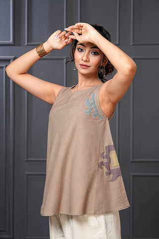 Beach Brown Organic Handwoven Cotton Embroidered Flared Top – Free Size