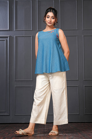Blue Handwoven Cotton Embroidered Flared Top – Free Size