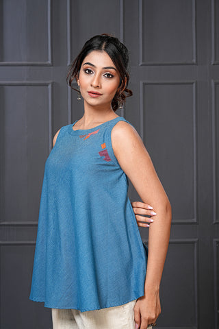 Blue Handwoven Cotton Embroidered Flared Top – Free Size