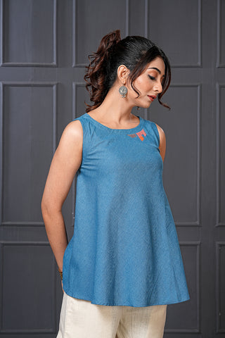Blue Handwoven Cotton Embroidered Flared Top – Free Size