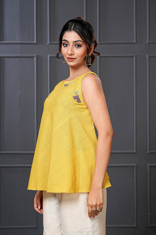 Citron Handwoven Cotton Embroidered Flared Top – Free Size