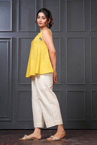Citron Handwoven Cotton Embroidered Flared Top – Free Size