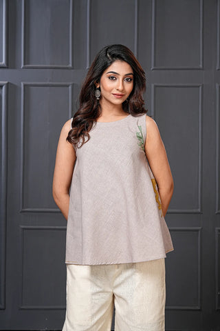 Silver Gray Handwoven Cotton Embroidered Top