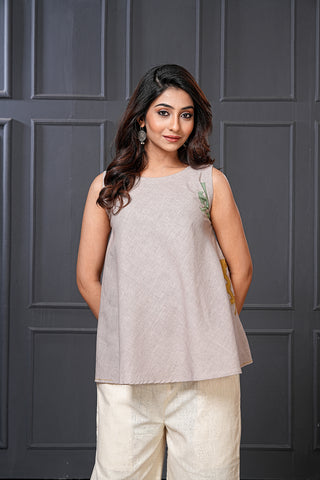 Silver Gray Organic Handwoven Cotton Embroidered Flared Top – Free Size