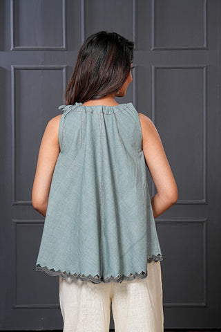 Moody Blue Handwoven Cotton Scallop Hem Flared Top – Free Size