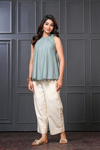 Blue Cotton Scallop Hem Flared Top