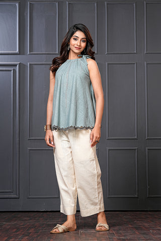 Moody Blue Handwoven Cotton Scallop Hem Flared Top – Free Size