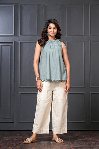 Blue Cotton Scallop Hem Flared Top