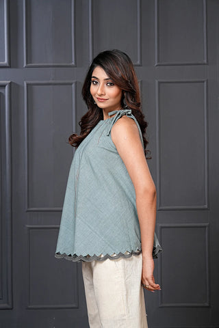 Blue Cotton Scallop Hem Flared Top
