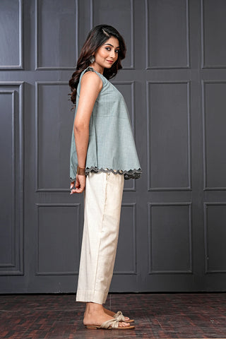 Blue Cotton Scallop Hem Flared Top