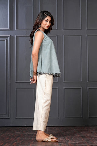 Moody Blue Handwoven Cotton Scallop Hem Flared Top – Free Size