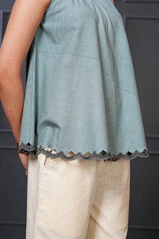 Blue Cotton Scallop Hem Flared Top