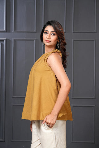 Mustard Handwoven Cotton Flared Sleeveless Top