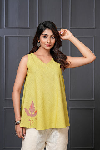Lime Organic Handwoven Cotton Embroidered Flared Top – Free Size