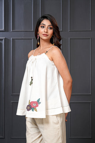 Off White Handwoven Cotton Floral Flared Top – Free Size