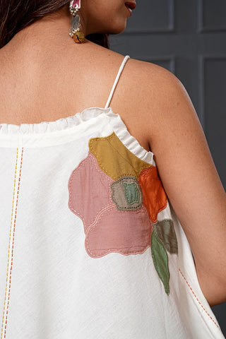 White Cotton Floral Flared Spaghetti Top