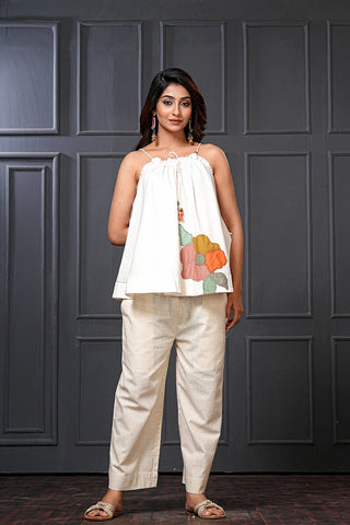 White Cotton Floral Flared Spaghetti Top