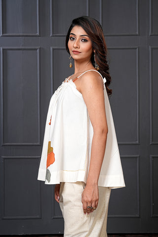 Off White Handwoven Cotton Floral Flared Spaghetti Top – Free Size