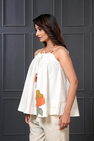 White Cotton Floral Flared Spaghetti Top
