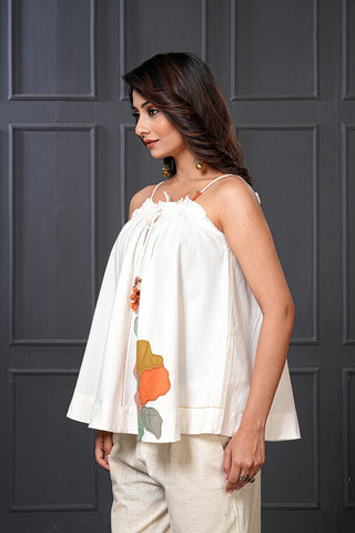 Off White Handwoven Cotton Floral Flared Spaghetti Top – Free Size
