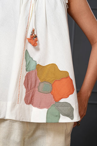 White Cotton Floral Flared Spaghetti Top