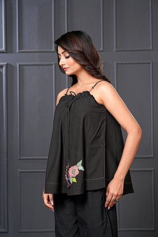 Black Handwoven Cotton Floral Flared Top – Free Size