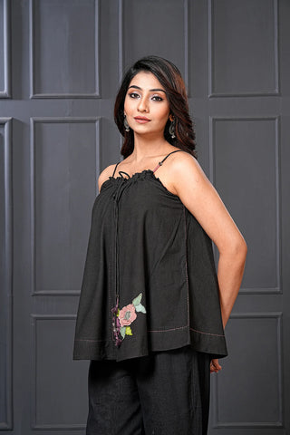 Black Handwoven Cotton Floral Flared Top