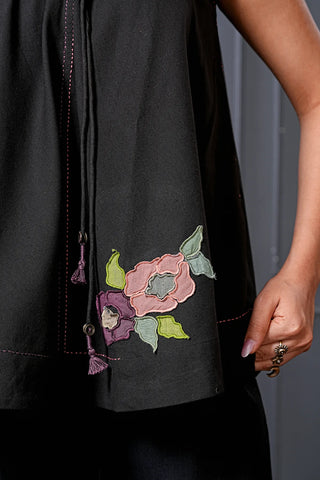 Black Handwoven Cotton Floral Flared Top