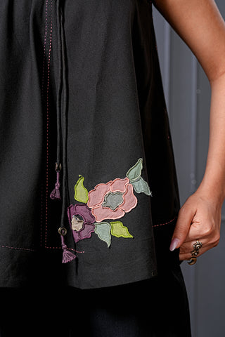 Black Handwoven Cotton Floral Flared Top – Free Size
