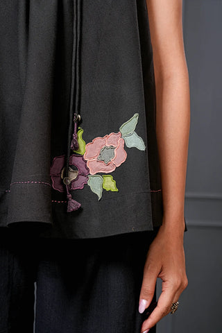 Black Handwoven Cotton Floral Flared Top