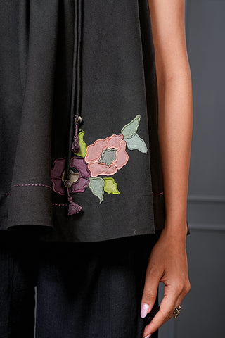 Black Handwoven Cotton Floral Flared Top – Free Size
