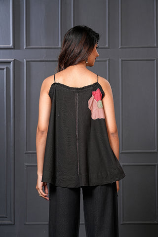 Black Handwoven Cotton Floral Flared Spaghetti Top – Free Size