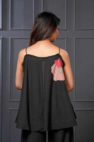 Black Cotton Floral Flared Spaghetti Top