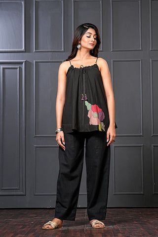 Black Cotton Floral Flared Spaghetti Top