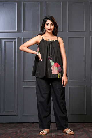 Black Handwoven Cotton Floral Flared Spaghetti Top – Free Size