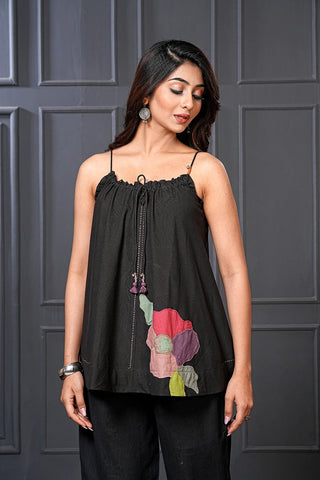 Black Cotton Floral Flared Spaghetti Top