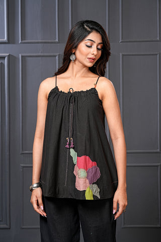 Black Handwoven Cotton Floral Flared Spaghetti Top – Free Size