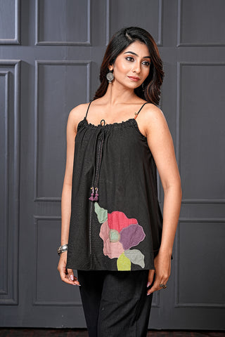 Black Handwoven Cotton Floral Flared Spaghetti Top – Free Size