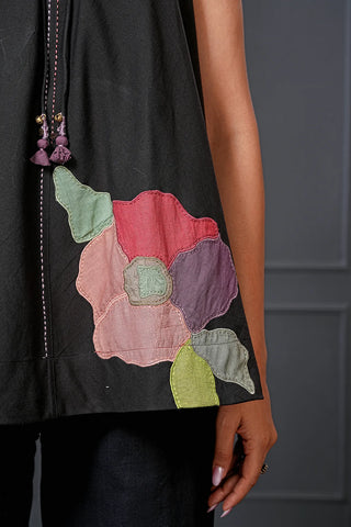 Black Cotton Floral Flared Spaghetti Top