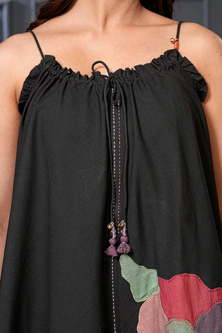 Black Cotton Floral Flared Spaghetti Top