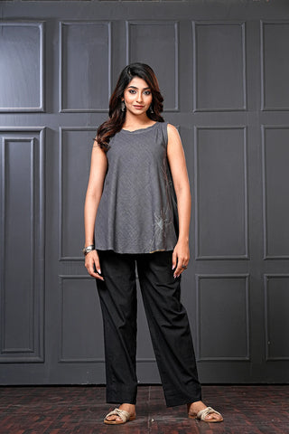 Smoky Gray Organic Cotton Embroidered Top