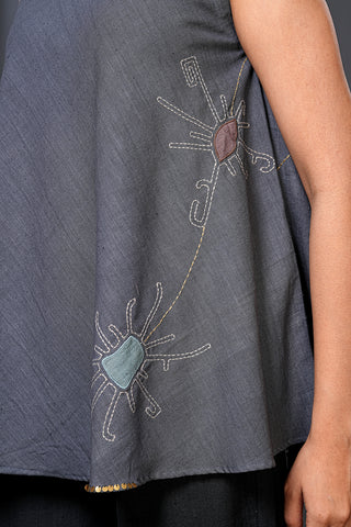 Smoky Gray Organic Handwoven Cotton Embroidered Flared Top – Free Size