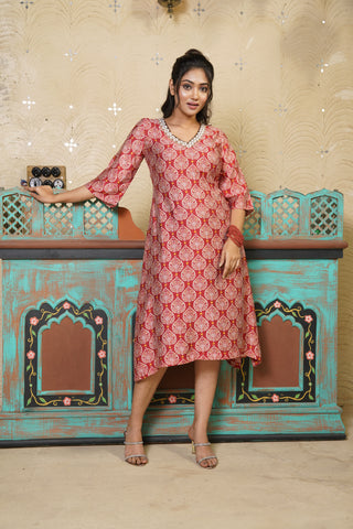 Silky Terrier - Earthy Red Zari Polka Block Print Kurta