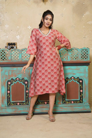 Silky Terrier - Earthy Red Zari Polka Block Print Kurta